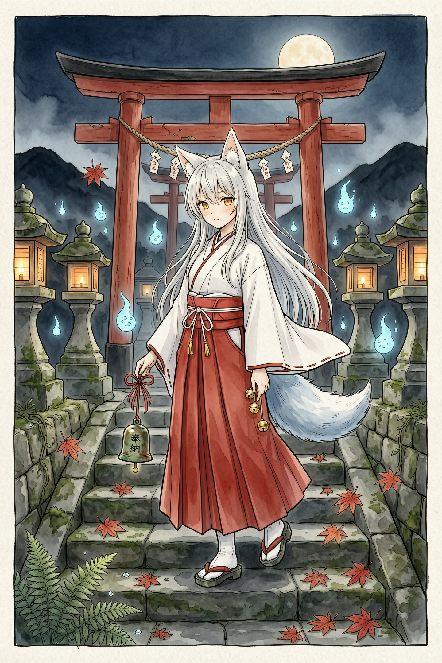 日式妖怪风二次元插画：狐耳巫女