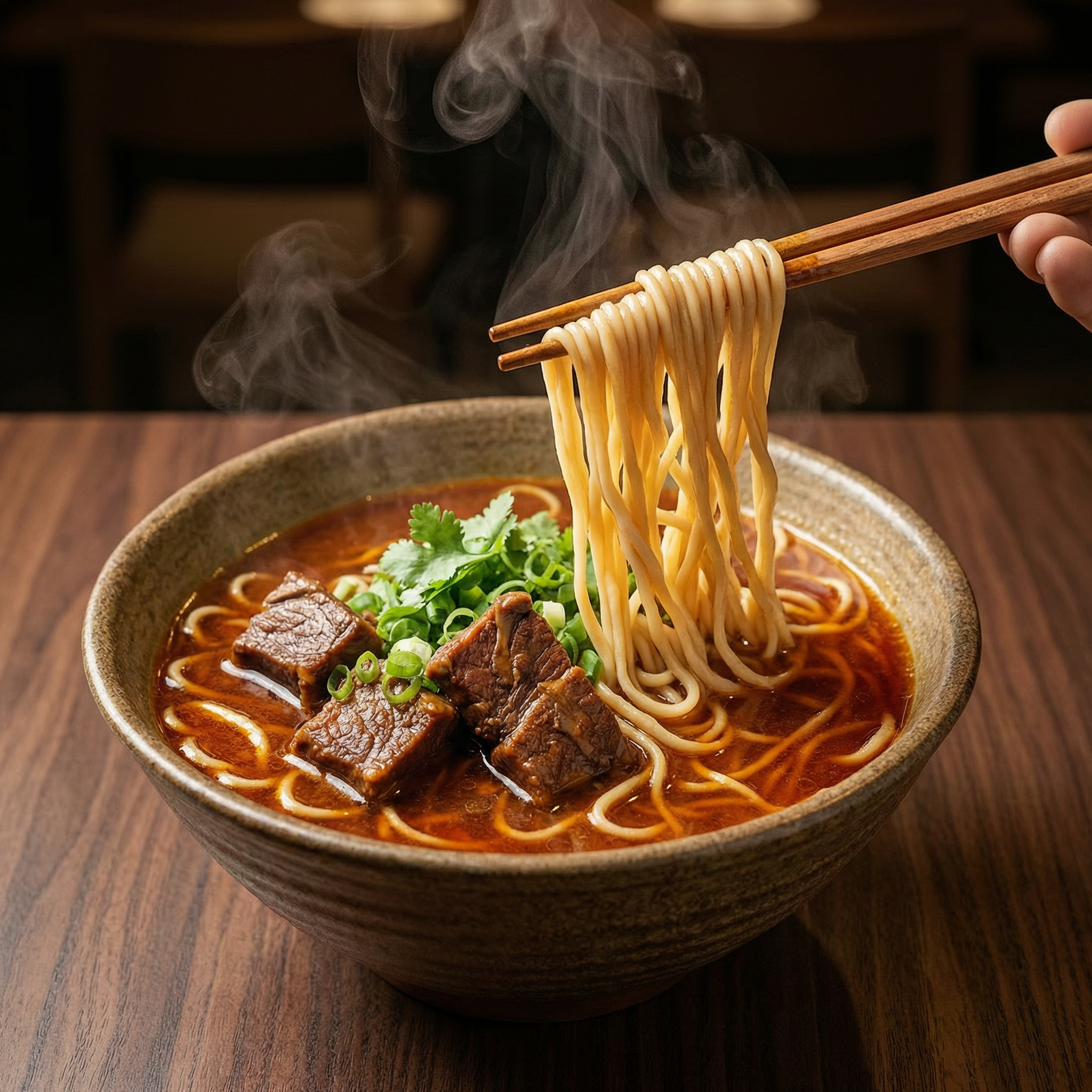 美食摄影：一碗热气腾腾的红烧牛肉面