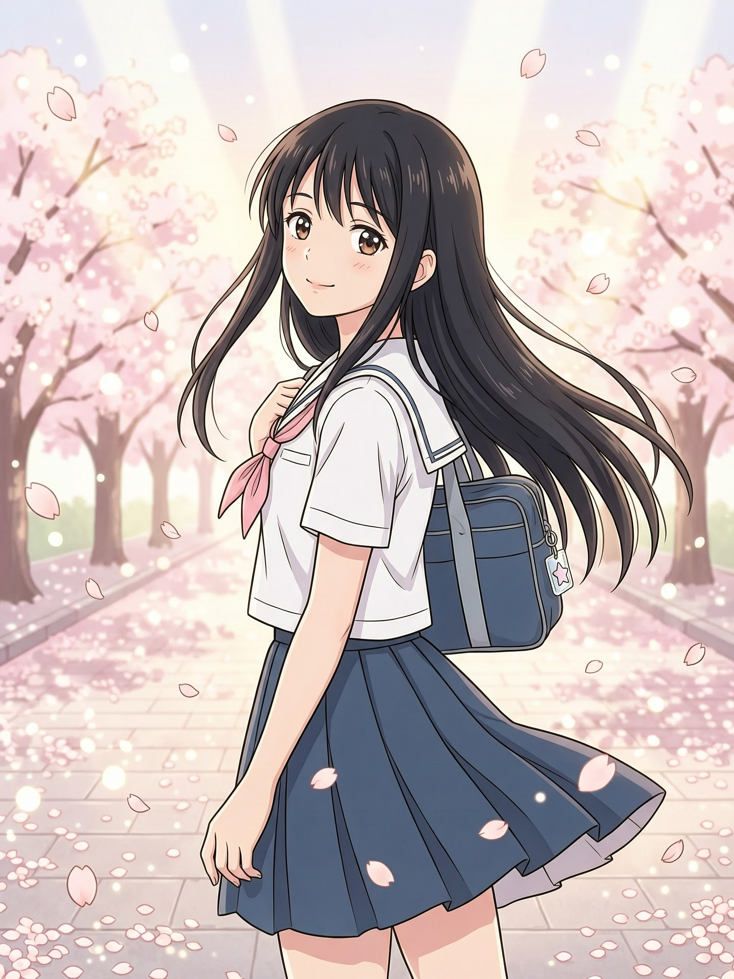 二次元插画：黑长直高中女生